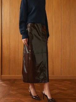 COMMENSE Pocket Split Faux Leather Skirt* Skirts|Bottoms