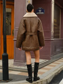 COMMENSE Pockets Belted Faux Leather Fleece Jacket* Outerwear|Jackets