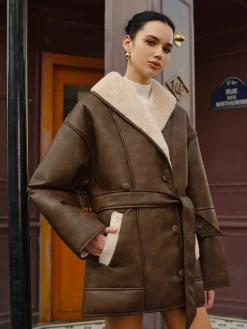 COMMENSE Pockets Belted Faux Leather Fleece Jacket* Outerwear|Jackets