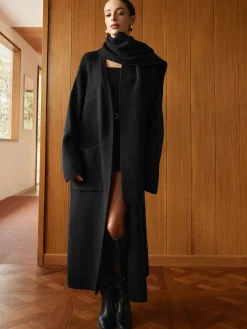 COMMENSE Pockets Long Knit Outerwear With Scarf* Sweater Tops|Outerwear