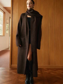 COMMENSE Pockets Long Knit Outerwear With Scarf* Sweater Tops|Outerwear