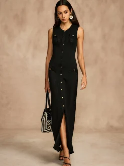COMMENSE Pointelle Split Button Sweater Dress* Black Dresses|Sweater Dresses