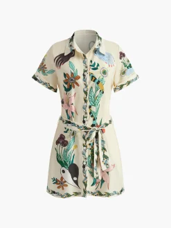 COMMENSE Print Collared Belted Short Dress* Dresses