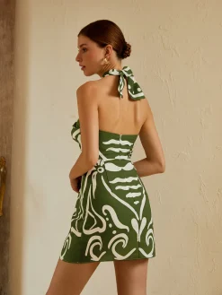 COMMENSE Print Cut Out Halter Dress* Black Dresses|Vacation Dresses