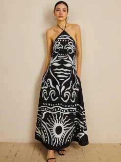 COMMENSE Print Halter Backless Long Dress* Black Dresses|Vacation Dresses