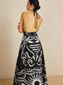 COMMENSE Print Halter Backless Long Dress* Black Dresses|Vacation Dresses