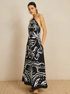 COMMENSE Print Halter Backless Long Dress* Black Dresses|Vacation Dresses
