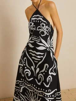 COMMENSE Print Halter Backless Long Dress* Black Dresses|Vacation Dresses
