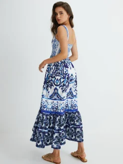 COMMENSE Print Strap Pleated Long Dress* Casual Dresses|Vacation Dresses