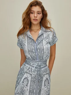 COMMENSE Print Turndown Collar Pockets Skirt Set* Skirt Sets|Long Sleeve Sets