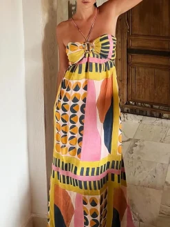 COMMENSE Printed Cutout Lace Up Pleated Dress* Casual Dresses|Cocktail & Party Dresses