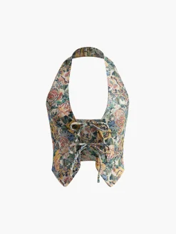 COMMENSE Printed Sexy Halter Tie Front Vest* Outerwear|Vests