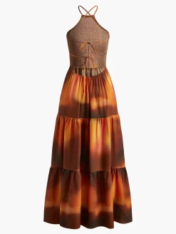 COMMENSE Printed Shirred Long Dress* Vacation Dresses|Summer Dresses