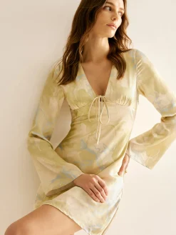 COMMENSE Printed Tie Front Long Sleeve Dress* Casual Dresses|Vacation Dresses