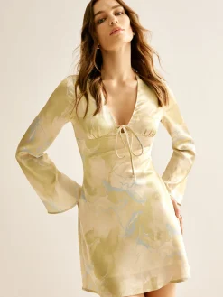 COMMENSE Printed Tie Front Long Sleeve Dress* Casual Dresses|Vacation Dresses