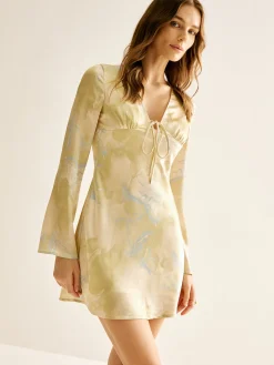 COMMENSE Printed Tie Front Long Sleeve Dress* Casual Dresses|Vacation Dresses