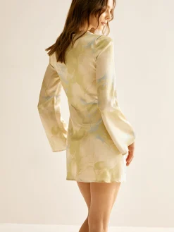 COMMENSE Printed Tie Front Long Sleeve Dress* Casual Dresses|Vacation Dresses