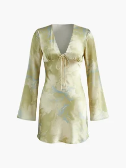 COMMENSE Printed Tie Front Long Sleeve Dress* Casual Dresses|Vacation Dresses