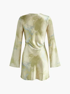 COMMENSE Printed Tie Front Long Sleeve Dress* Casual Dresses|Vacation Dresses