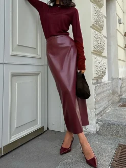 COMMENSE PU Leather Slit Skirt* Skirts|Bottoms