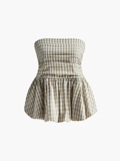 COMMENSE Puff Shirred Plaid Tube Top* Tank Tops & Camis|Tops