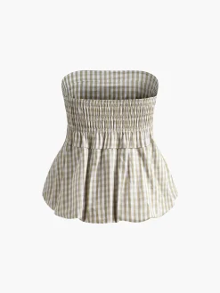 COMMENSE Puff Shirred Plaid Tube Top* Tank Tops & Camis|Tops