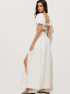COMMENSE Puff Sleeve Crop Top With Split Thigh Skirt Set* Skirt Sets|Long Sleeve Sets