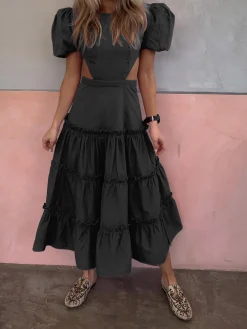 COMMENSE Puff Sleeve Cutout Long Dress* Black Dresses|Casual Dresses