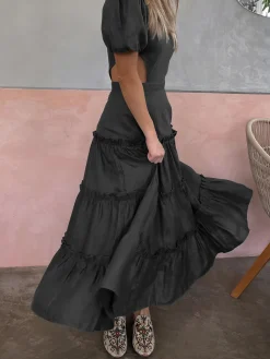 COMMENSE Puff Sleeve Cutout Long Dress* Black Dresses|Casual Dresses