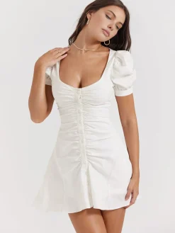 COMMENSE Puff Sleeve Short Shirt Dress* White Dresses|Black Dresses