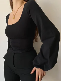 COMMENSE Puff Sleeve Square Neck Blouse* Sweater Tops|Blouses & Shirts