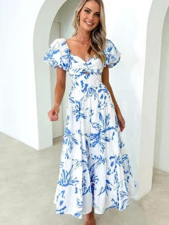 COMMENSE Puff Sleeve Twist Detail Midi Dress* Casual Dresses|Vacation Dresses