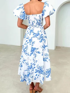 COMMENSE Puff Sleeve Twist Detail Midi Dress* Casual Dresses|Vacation Dresses