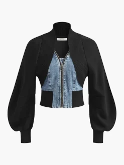 COMMENSE Puff-Sleeve Denim Panel Slim Jacket* Outerwear|Jackets