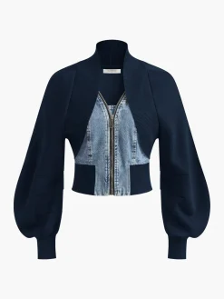 COMMENSE Puff-Sleeve Denim Panel Slim Jacket* Outerwear|Jackets