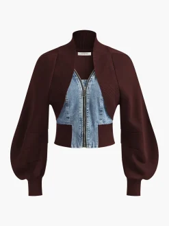 COMMENSE Puff-Sleeve Denim Panel Slim Jacket* Outerwear|Jackets