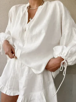 COMMENSE Pure Cotton Adjustable Cuff Ruffle Hem Shorts Set* Shorts Sets|Long Sleeve Sets
