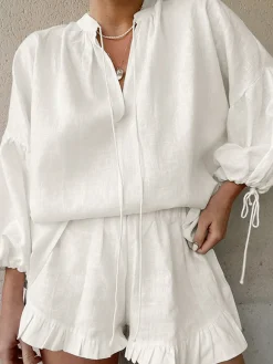 COMMENSE Pure Cotton Adjustable Cuff Ruffle Hem Shorts Set* Shorts Sets|Long Sleeve Sets