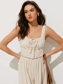 COMMENSE Pure Cotton Backless Tie-Front Jumpsuit* White Dresses|Jumpsuits & Rompers