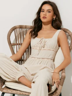 COMMENSE Pure Cotton Backless Tie-Front Jumpsuit* White Dresses|Jumpsuits & Rompers