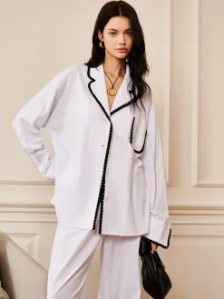 COMMENSE Pure Cotton Contrast Trim Lapel Shirt* Long Sleeve Sets|Blouses & Shirts
