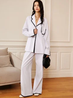 COMMENSE Pure Cotton Contrast Trim Lapel Shirt* Long Sleeve Sets|Blouses & Shirts