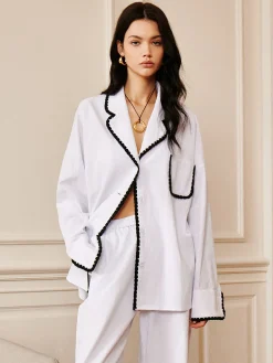 COMMENSE Pure Cotton Contrast Trim Lapel Shirt* Long Sleeve Sets|Blouses & Shirts