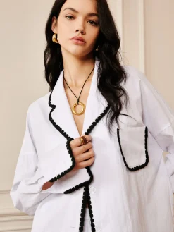 COMMENSE Pure Cotton Contrast Trim Lapel Shirt* Long Sleeve Sets|Blouses & Shirts