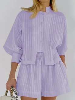 COMMENSE Pure Cotton Pinstripe Long-Sleeve Shorts Set* Shorts Sets|Shorts