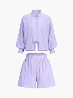 COMMENSE Pure Cotton Pinstripe Long-Sleeve Shorts Set* Shorts Sets|Shorts