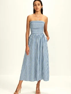 COMMENSE Pure Cotton Plaid Panel Tube Dress* Vacation Dresses|Summer Dresses