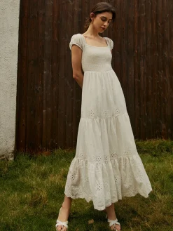 COMMENSE Pure Cotton Ruched Long Dress* White Dresses|Vacation Dresses