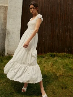 COMMENSE Pure Cotton Ruched Long Dress* White Dresses|Vacation Dresses