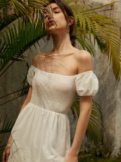COMMENSE Pure Cotton Ruched Long Dress* White Dresses|Vacation Dresses